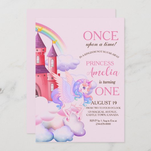 マジカルキャッスルピンクユニコーン第1プリンセス誕生日 招待状 (正面/裏面)