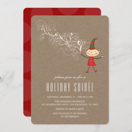 マジカルクリスマス小妖精や小人素朴ホリデーパーティー招待状 招待状 (正面/裏面)