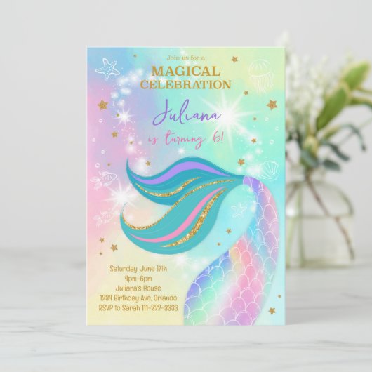 マジカルグリッターカラフルマーメイド誕生日招待状 招待状 (スタンド正面)