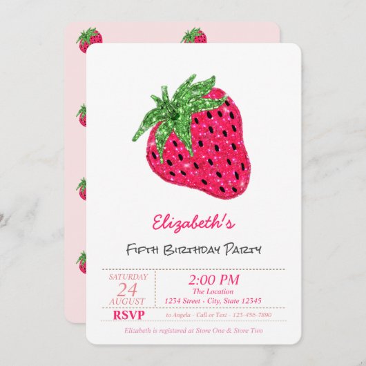マジカルグリッターストロベリー誕生日 招待状 (正面/裏面)