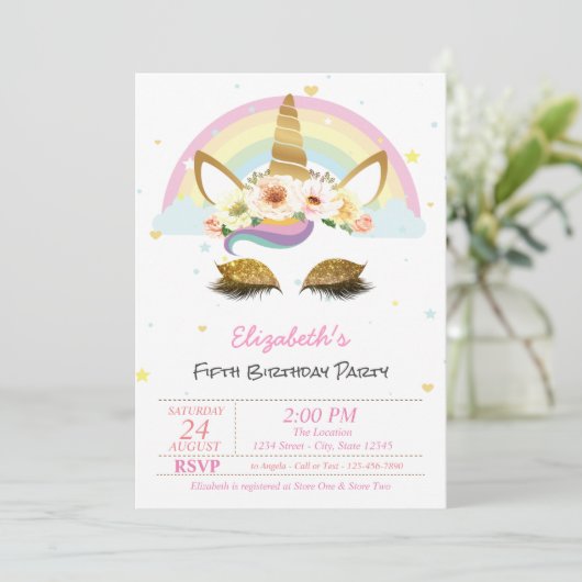 マジカルグリッターユニコーンフローラレインボー誕生日 招待状 (スタンド正面)