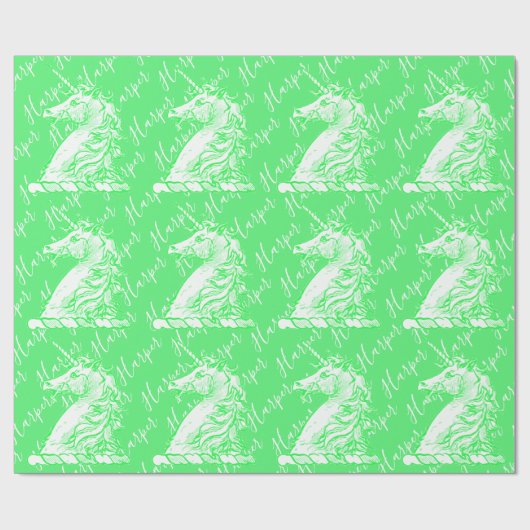 マジカルグリーンユニコーンパターン名前をカスタムするハーパー ラッピングペーパー (フラット)