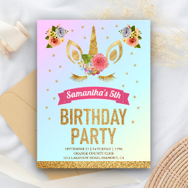 マジカルゴールドラメユニコーンの顔 誕生日パーティー インビテーションポストカード