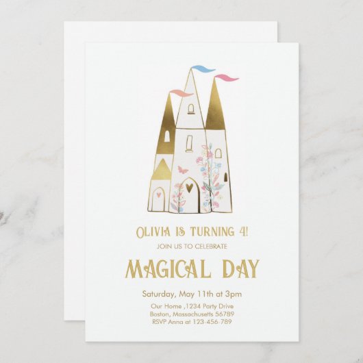 マジカルデイプリンセスキャッスルガール誕生日 招待状 (正面/裏面)