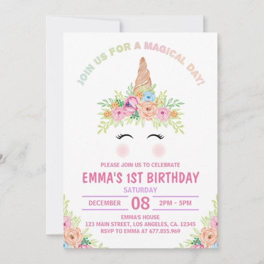 マジカルデイユニコーンレインボー誕生日招待状 招待状 (正面)