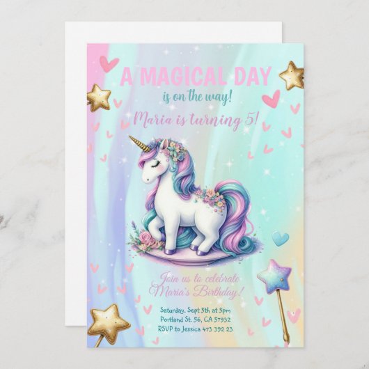 マジカルデイユニコーン子供の誕生日パーティー 招待状 (正面/裏面)