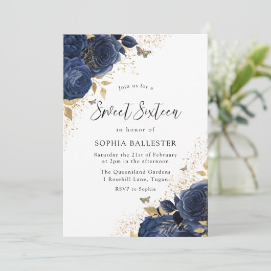 マジカルネイビーインディゴブルーバラ&金ゴールドスウィート16 招待状 (スタンド正面)