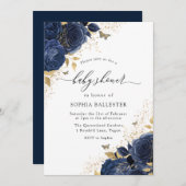 マジカルネイビーインディゴブルーバラ&金ゴールドベビーシャワー 招待状 (正面/裏面)