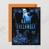 マジカルハッピーハローウィンブラックキャットブルーグローライト ポストカード (正面/裏面)