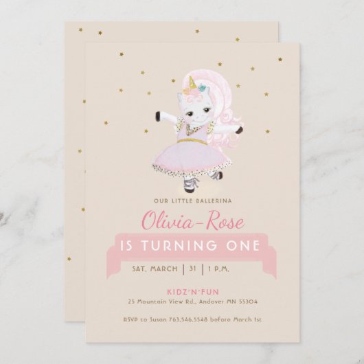 マジカルバレリナユニコーン赤面バラガール誕生日 招待状 (正面/裏面)