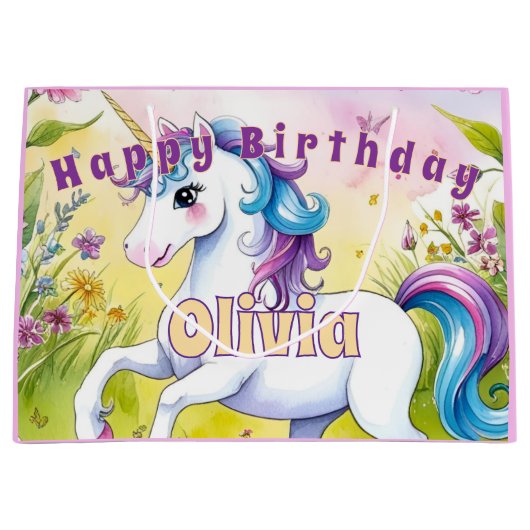 マジカルパステルカスタムユニコーン誕生日 ラージペーパーバッグ (正面)
