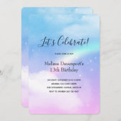 マジカルパステルクラウドアンドアレインボー誕生日 招待状 (正面/裏面)