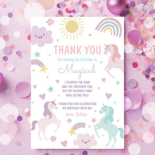 マジカルパステルユニコーンレインボーバースデーパーティー サンキューカード