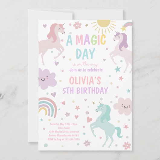 マジカルパステルユニコーンレインボーバースデーパーティー 招待状 (正面)