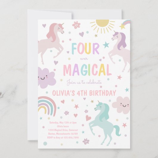 マジカルパステルユニコーンレインボーバースデーパーティー 招待状 (正面)