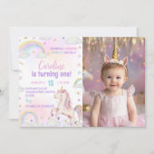 マジカルパステルユニコーン誕生日フォト招待状 サンキューカード (正面)