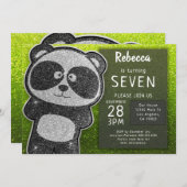 マジカルパンダ誕生日ブラックアンドホワイトグリッター 招待状 (正面/裏面)