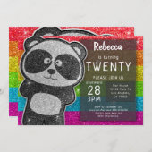 マジカルパンダ誕生日ブラックアンドホワイトグリッター 招待状 (正面/裏面)