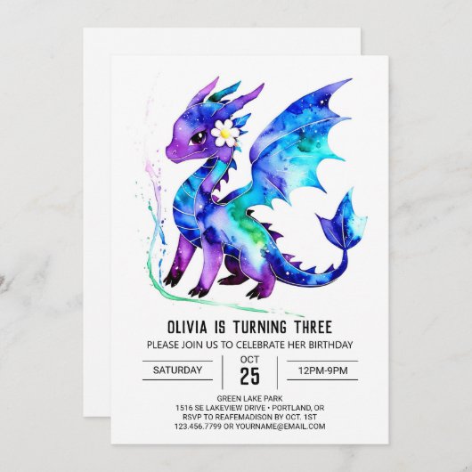 マジカルパープルドラゴンデジタルガール誕生日 招待状 (正面/裏面)