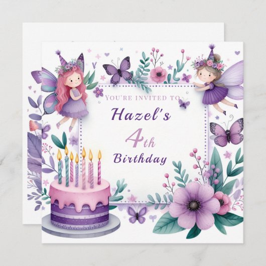 マジカルパープルフェアリー園 – 誕生日 招待状 (正面/裏面)