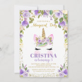 マジカルパープル金ゴールドユニコーンフローラ誕生日招待状 招待状 (正面)