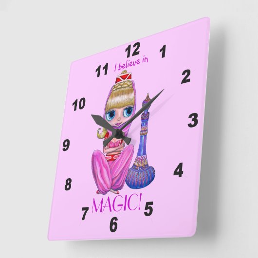 マジカルピンクのジーニーガール人形 可愛い スクエア壁時計 (傾斜)