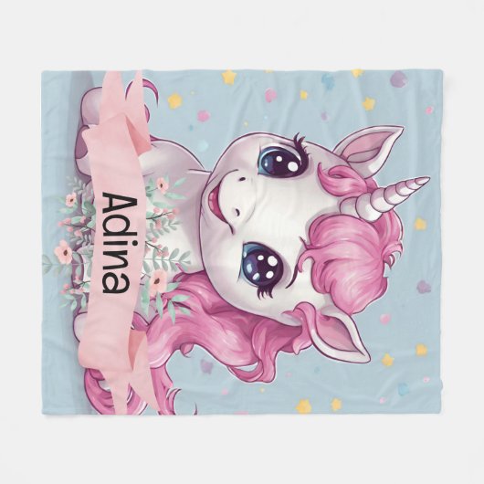 マジカルピンクベビーユニコーンスターズ名前をカスタムする フリースブランケット (正面(横))