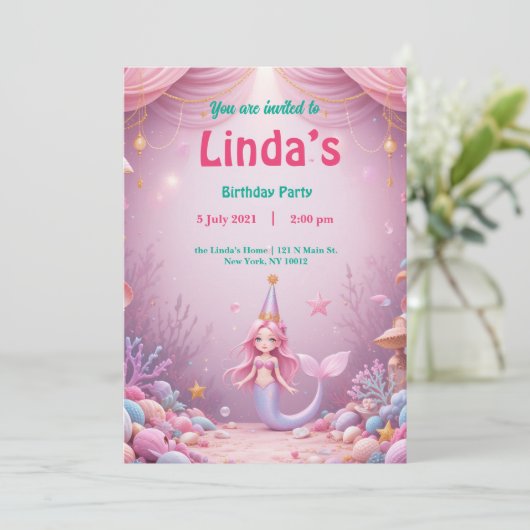 マジカルピンクマーメイドパーティー誕生日招待状 招待状 (スタンド正面)