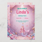 マジカルピンクマーメイドパーティー誕生日招待状 招待状 (正面/裏面)