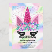マジカルピンクユニコーンフローラグリッター誕生日 招待状 (正面/裏面)