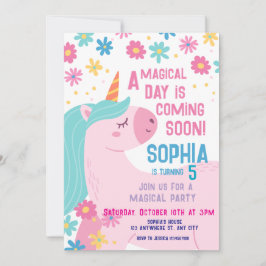 マジカルピンクユニコーン誕生日招待状レインボー 招待状