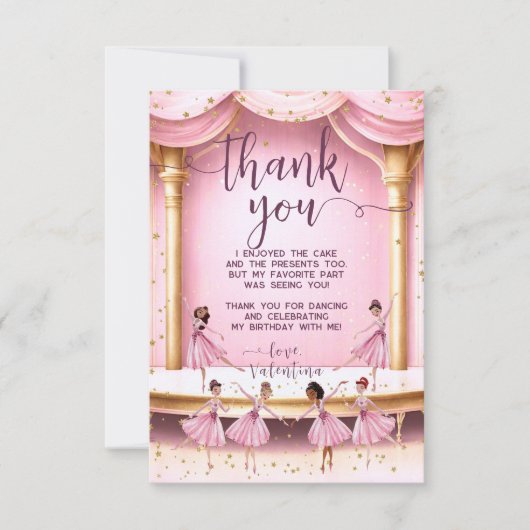 マジカルピンク&金ゴールドバレエステージバレリーナスパーティー サンキューカード (正面)