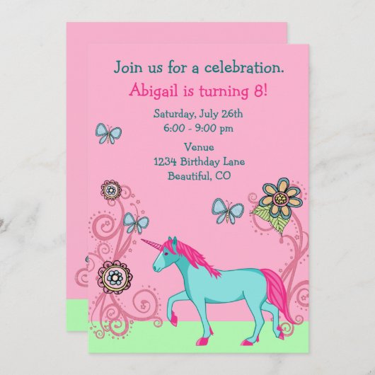 マジカルファンタジーユニコーンガールズ誕生日招待状 招待状 (正面/裏面)