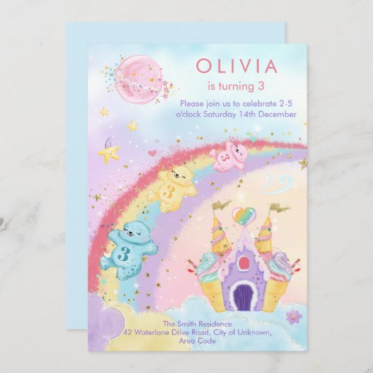 マジカルファンタジーレインボーベアーズ子供の誕生日 招待状 (正面/裏面)