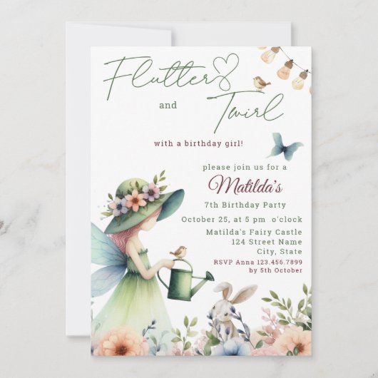 マジカルフェアリーガーデンウォーターカラーガール誕生日 招待状 (正面)