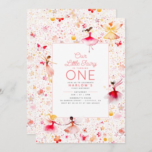 マジカルフェアリーフローラガーデンピンクガールズ誕生日 招待状 (正面/裏面)