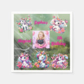 マジカルフローラユニコーンフォト子供の誕生日パーティー スタンダードカクテルナプキン (正面)