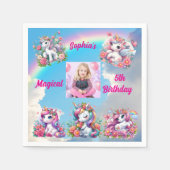 マジカルフローラユニコーンフォト子供の誕生日パーティー スタンダードカクテルナプキン (正面)