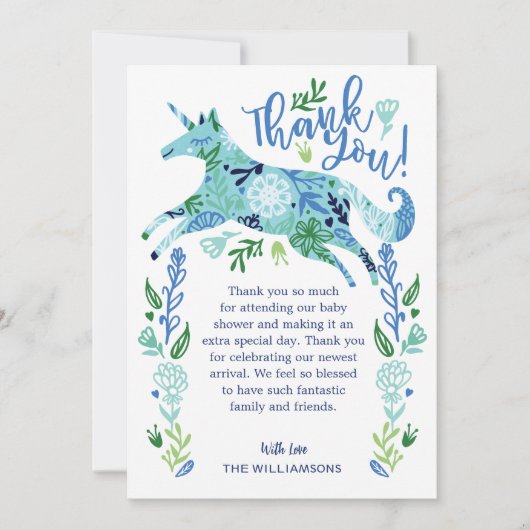 マジカルブルーフローラユニコーン男の赤ちゃんシャワー サンキューカード (正面)