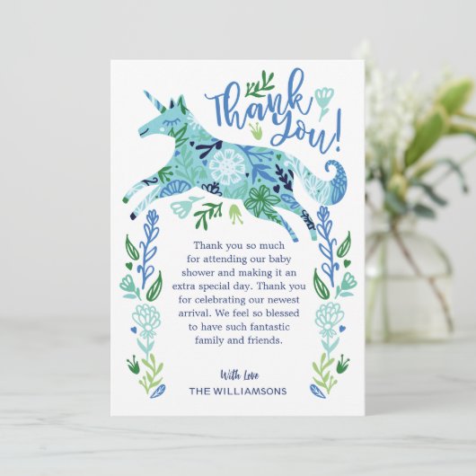 マジカルブルーフローラユニコーン男の赤ちゃんシャワー サンキューカード (スタンド正面)