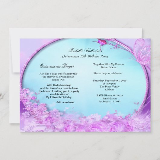 マジカルプリンセスキンセアニェラパープルティール(緑がかった色)ブルー 招待状 (裏面)