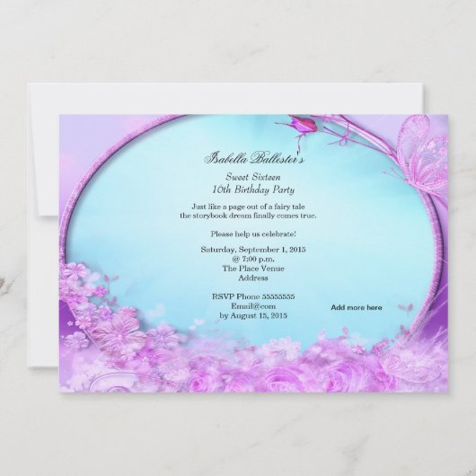 マジカルプリンセススウィート16パープルティール（緑がかった色）ブルー 招待状 (裏面)