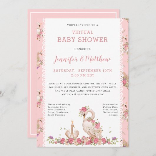 マジカルベビースワンプリンセスピンクフローラベビーシャワー 招待状 (正面/裏面)