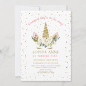 マジカルホワイトフローラ金ゴールドユニコーンガール誕生日 招待状 (正面)