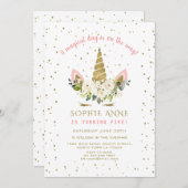 マジカルホワイトフローラ金ゴールドユニコーンガール誕生日 招待状 (正面/裏面)