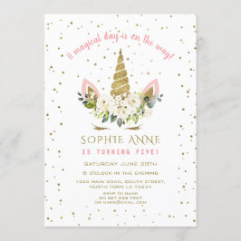 マジカルホワイトフローラ金ゴールドユニコーンガール誕生日 招待状