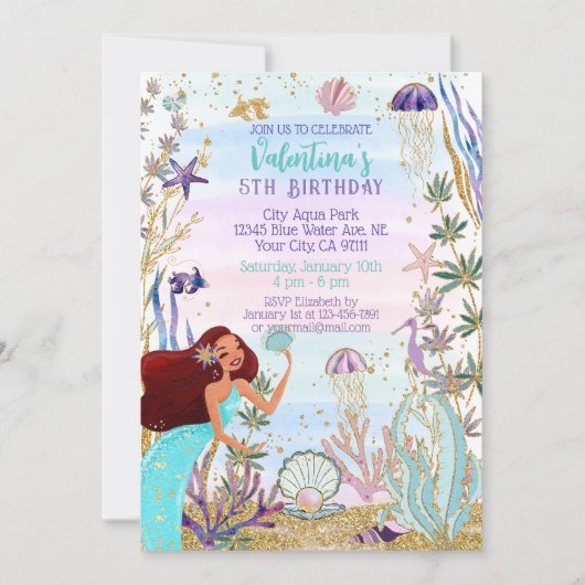 マジカルマーメイドアンダーザシーグリッター誕生日 招待状 (正面)