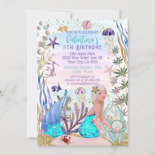 マジカルマーメイドアンダーザシーグリッター誕生日 招待状 (正面)