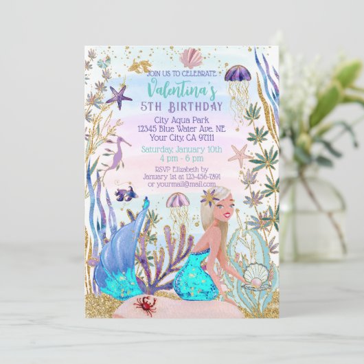 マジカルマーメイドアンダーザシーグリッター誕生日 招待状 (スタンド正面)