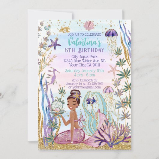 マジカルマーメイドアンダーザシーグリッター誕生日 招待状 (正面)